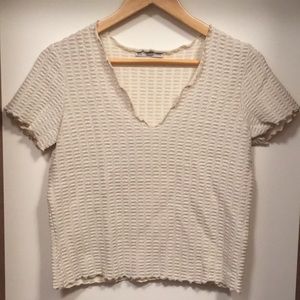 ZARA V-Cut Top in Light Cream Color w/Sparkly Silver Tinsel Weave Size M